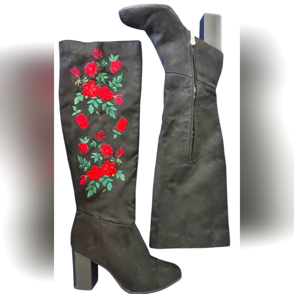 Libby Edelman Embroidered Knee High Chunky Heeled Black Boots Size 7.5